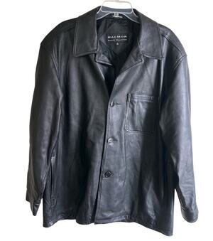Vintage Macmor Private Collection Black Leather Car Coat Made Canada Mens Large